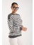 Kadın Füme-Beyaz Sakal Iplik Çizgili Bisiklet Yaka Triko Kazak 2