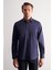 Lacivert Yarım Italyan Yaka Saten Uzun Kol Slim Fit %100 Pamuk Gömlek 1004255188 1