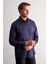 Lacivert Yarım Italyan Yaka Saten Uzun Kol Slim Fit %100 Pamuk Gömlek 1004255188 3