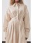 Pile Detaylı Gömlek Elbise Bej Çizgili 7