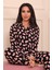 Kadın Kalp Desenli Önü Düğmeli Uzun Kol Altı Uzun Süet Pijama Takımı 1