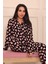 Kadın Kalp Desenli Önü Düğmeli Uzun Kol Altı Uzun Süet Pijama Takımı 2