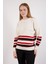 Kadın Beyaz Çizgili Bisiklet Yaka Şönil Kadife Triko Kazak 2