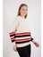 Kadın Beyaz Çizgili Bisiklet Yaka Şönil Kadife Triko Kazak 3