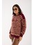 Kadın Bordo-Bej Sakal Iplik Çizgili Bisiklet Yaka Triko Kazak 2