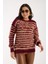 Kadın Bordo-Bej Sakal Iplik Çizgili Bisiklet Yaka Triko Kazak 3