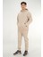 Erkek Bej Eşofman Takımı Rahat Kesim 3 Iplik Şardonlu Kapüşonlu Ipli Ribana Bel 6