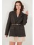 Çizgili Yün Karışımlı Oversize Fit Kruvaze Yaka Kemerli Ceket Bayan Ceket 6839634 1