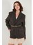Çizgili Yün Karışımlı Oversize Fit Kruvaze Yaka Kemerli Ceket Bayan Ceket 6839634 4