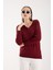 Kadın Bordo Simli Kumaş Detaylı V Yaka Triko Bluz 1