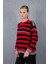 Kadın Kırmızı-Siyah Çizgili Şönil Kadife Bisiklet Yaka Omuzda Düğme Detaylı Triko Kazak 1