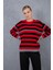 Kadın Kırmızı-Siyah Çizgili Şönil Kadife Bisiklet Yaka Omuzda Düğme Detaylı Triko Kazak 4