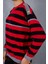 Kadın Kırmızı-Siyah Çizgili Şönil Kadife Bisiklet Yaka Omuzda Düğme Detaylı Triko Kazak 6