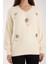 Kadın Ekru Sakal Iplik Balon Kollu Boncuk Nakışlı V Yaka Triko Kazak 3