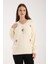Kadın Ekru Sakal Iplik Balon Kollu Boncuk Nakışlı V Yaka Triko Kazak 4