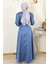 Taş Detaylı Saten Abiye Mavi MSW19901 4