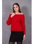 Kadın Kırmızı Şönil Kadife Carmen Yaka Triko Kazak 1