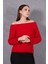 Kadın Kırmızı Şönil Kadife Carmen Yaka Triko Kazak 2