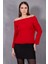Kadın Kırmızı Şönil Kadife Carmen Yaka Triko Kazak 3