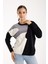 Kadın Siyah Şönil Kadife Renk Bloklu Taş Detaylı Bisiklet Yaka Triko Kazak 2