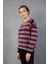 Kadın Gri-Bordo Çizgili Şönil Kadife Bisiklet Yaka Omuzda Düğme Detaylı Triko Kazak 2