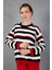 Kadın Siyah-Beyaz Çizgili Şönil Kadife Bisiklet Yaka Omuzda Düğme Detaylı Triko Kazak 1