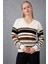 Kadın Beyaz Çizgili V Yaka Şönil Kadife Triko Kazak 6