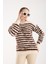 Kadın Ekru-Kahve Sakal Iplik Çizgili Bisiklet Yaka Triko Kazak 2
