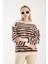 Kadın Ekru-Kahve Sakal Iplik Çizgili Bisiklet Yaka Triko Kazak 4
