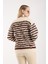 Kadın Ekru-Kahve Sakal Iplik Çizgili Bisiklet Yaka Triko Kazak 5