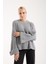 Kadın Gri Selanik Örgü Bisiklet Yaka Simli Oversize Triko Kazak 1