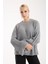 Kadın Gri Selanik Örgü Bisiklet Yaka Simli Oversize Triko Kazak 3
