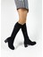 Siyah Süet Diz Altı Çorap Streç Kalın Topuk Kadın Çizme 1