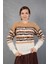 Bej-Beyaz Sakal Iplik Çizgili Bisiklet Yaka Triko Kazak 2