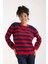 Kadın Laci-Kırmızı Çizgili Çapraz Kontrast Dikiş Detaylı Şönil Kadife Triko Bluz 1