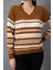Kadın Taba Çizgili V Yaka Şönil Kadife Triko Kazak 6