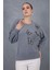 Kadın Gri Sakal Iplik Önü Boncuk Nakışlı Balon Kollu Bisiklet Yaka Triko Kazak 2