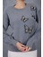 Kadın Gri Sakal Iplik Önü Boncuk Nakışlı Balon Kollu Bisiklet Yaka Triko Kazak 5