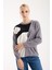 Kadın Gri Şönil Kadife Renk Bloklu Taş Detaylı Bisiklet Yaka Triko Kazak 3