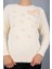Kadın Ekru Sakal Iplik Boncuk Nakışlı Bisiklet Yaka Triko Kazak 6