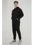 Erkek Siyah Eşofman Takımı Rahat Kesim 3 Iplik Şardonlu Kapüşonlu Ipli Ribana Bel 5