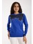 Kadın Saks Mavisi Elit Viskon Kumaş Taş Detaylı Bisiklet Yaka Triko Bluz 4