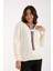 Kadın Ekru Elit Viskon Kumaş Kontrast Şeritli Bisiklet Yaka Triko Bluz 3