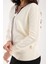 Kadın Ekru Elit Viskon Kumaş Kontrast Şeritli Bisiklet Yaka Triko Bluz 4