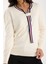 Kadın Ekru Elit Viskon Kumaş Kontrast Şeritli Bisiklet Yaka Triko Bluz 5