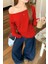 Kırmızı Kadın Düşük Omuz Kayık Yaka Oversize Uzun Kollu T-Shirt 1