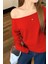 Kırmızı Kadın Düşük Omuz Kayık Yaka Oversize Uzun Kollu T-Shirt 2
