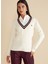 V Yaka Standart Saç Örgü Desenli Ekru Kazak Kadın V Yaka Saç Örgü Kolej Yün Kazak 1