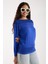 Kadın Saks Mavisi Viskon Kumaş Kayık Yaka Simli Triko Bluz 2