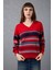 Kadın Kırmızı Çizgili V Yaka Şönil Kadife Triko Kazak 1